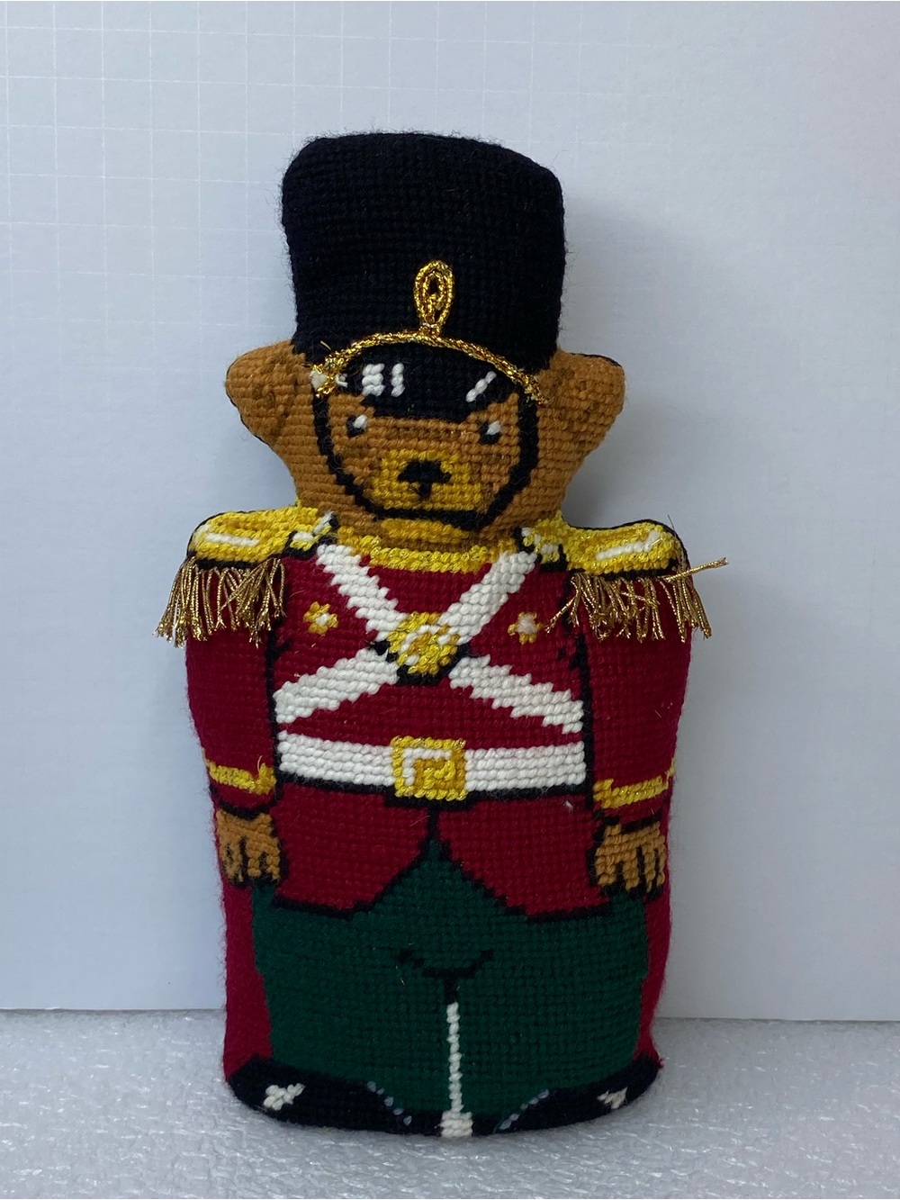 Vintage Needlepoint Toy Soldier Teddy Bear
Standing Pillow Stuffed Figure